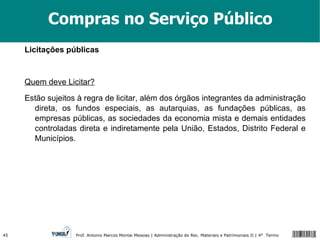 Compras no Serviço Público Licitações públicas Quem deve Licitar? Estão sujeitos à regra de licitar, além dos órgãos integrantes da administração direta, os fundos especiais, as autarquias, as fundações públicas, as empresas públicas, as sociedades da economia mista e demais entidades controladas direta e indiretamente pela União, Estados, Distrito Federal e Municípios. 