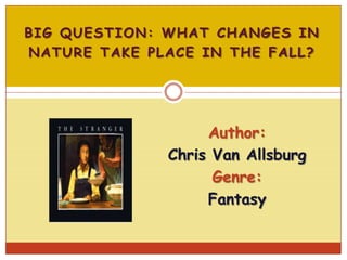BIG QUESTION: WHAT CHANGES IN
NATURE TAKE PLACE IN THE FALL?

Author:
Chris Van Allsburg
Genre:
Fantasy

 