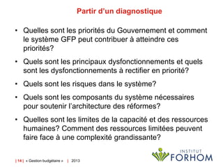 Partir d’un diagnostique
• Quelles sont les priorités du Gouvernement et comment
le système GFP peut contribuer à atteindre ces
priorités?
• Quels sont les principaux dysfonctionnements et quels
sont les dysfonctionnements à rectifier en priorité?
• Quels sont les risques dans le système?
• Quels sont les composants du système nécessaires
pour soutenir l’architecture des réformes?
• Quelles sont les limites de la capacité et des ressources
humaines? Comment des ressources limitées peuvent
faire face à une complexité grandissante?
| 14 | « Gestion budgétaire »

| 2013

 