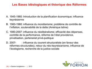 Les Bases idéologiques et théorique des Réformes

A. 1945-1960: Introduction de la planification économique; influence
keynésienne
B. 1960-1980: influence du monétarisme; problème de contrôle de
l’inflation, soutenabilité de la dette (Amérique latine)
C. 1980-2007: influence du néolibéralisme; efficacité des dépenses,
contrôle de la performance, réforme de l’état providence,
privatisation, partenariat privé-publique

D. 2007: influence du courent structuraliste (en faveur des
réformes structurales), retour du néo-keynésianisme, influence de
l’écologisme, recherche de la justice sociale

| 6 | « Gestion budgétaire »

| 2013

 