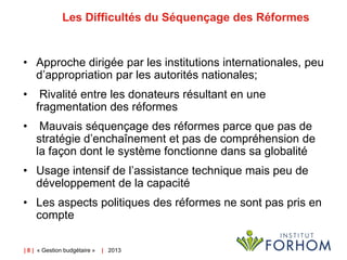 Les Difficultés du Séquençage des Réformes

• Approche dirigée par les institutions internationales, peu
d’appropriation par les autorités nationales;
•

Rivalité entre les donateurs résultant en une
fragmentation des réformes

•

Mauvais séquençage des réformes parce que pas de
stratégie d’enchaînement et pas de compréhension de
la façon dont le système fonctionne dans sa globalité

• Usage intensif de l’assistance technique mais peu de
développement de la capacité
• Les aspects politiques des réformes ne sont pas pris en
compte
| 8 | « Gestion budgétaire »

| 2013

 