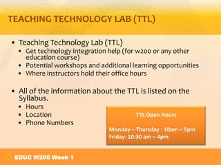 TEACHING TECHNOLOGY LAB (TTL)
• Teaching Technology Lab (TTL)
• Get technology integration help (for w200 or any other
education course)
• Potential workshops and additional learning opportunities
• Where instructors hold their office hours

• All of the information about the TTL is listed on the
Syllabus.
• Hours
• Location
• Phone Numbers

EDUC W200 Week 1

TTL Open Hours

Monday – Thursday : 10am – 5pm
Friday: 10:30 am – 4pm

 