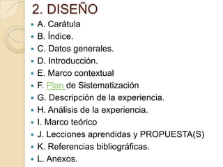 2. DISEÑO

















A. Carátula
B. Índice.
C. Datos generales.
D. Introducción.
E. Marco contextual
F. Plan de Sistematización
G. Descripción de la experiencia.
H. Análisis de la experiencia.
I. Marco teórico
J. Lecciones aprendidas y PROPUESTA(S)
K. Referencias bibliográficas.
L. Anexos.

 