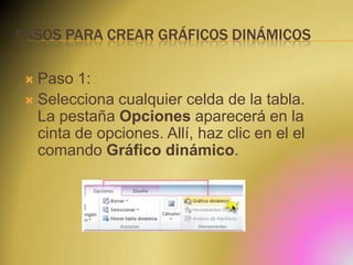 PASOS PARA CREAR GRÁFICOS DINÁMICOS
Paso 1:
 Selecciona cualquier celda de la tabla.
La pestaña Opciones aparecerá en la
cinta de opciones. Allí, haz clic en el el
comando Gráfico dinámico.


 