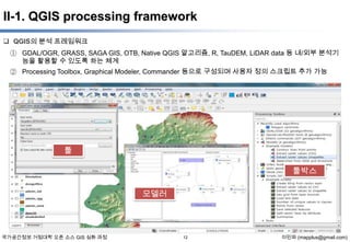 II-1. QGIS processing framework
 QGIS의 분석 프레임워크
① GDAL/OGR, GRASS, SAGA GIS, OTB, Native QGIS 알고리즘, R, TauDEM, LiDAR data 등 내/외부 분석기
능을 활용할 수 있도록 하는 체계
② Processing Toolbox, Graphical Modeler, Commander 등으로 구성되며 사용자 정의 스크립트 추가 가능

툴
툴박스

모델러

국가공간정보 거점대학 오픈 소스 GIS 심화 과정

12

이민파 (mapplus@gmail.com)

 