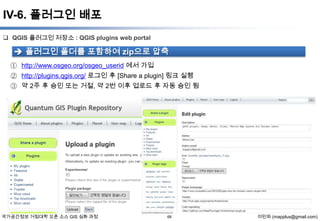 IV-6. 플러그인 배포
 QGIS 플러그인 저장소 : QGIS plugins web portal

 플러그인 폴더를 포함하여 zip으로 압축
① http://www.osgeo.org/osgeo_userid 에서 가입
② http://plugins.qgis.org/ 로그인 후 [Share a plugin] 링크 실행
③ 약 2주 후 승인 또는 거절, 약 2번 이후 업로드 후 자동 승인 됨

국가공간정보 거점대학 오픈 소스 GIS 심화 과정

68

이민파 (mapplus@gmail.com)

 