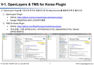 V-1. OpenLayers & TMS for Korea Plugin
 OpenLayers Pugin을 기반으로 한국의 포털지도 등 Tile Map Services를 활용하도록 한 플러그인

① OpenLayers Plugin


GitHub: https://github.com/sourcepole/qgis-openlayers-plugin



Google TMS(EPSG:3857) 좌표체계 활용

② TMS for Korea Plugin


GitHub: https://github.com/MapPlus/qgis-tmsforkorea-plugin



국내 포털 - 다음 (EPSG:5181), 네이버(EPSG:5179), Olleh(EPSG:5179), VWorld
(EPSG:900913)

국가공간정보 거점대학 오픈 소스 GIS 심화 과정

71

이민파 (mapplus@gmail.com)

 