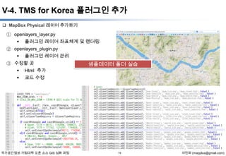 V-4. TMS for Korea 플러그인 추가
 MapBox Physical 레이어 추가하기

① openlayers_layer.py
 플러그인 레이어 좌표체계 및 렌더링
② openlayers_plugin.py
 플러그인 레이어 관리
③ 수정할 곳


Html 추가



샘플데이터 폴더 실습

코드 수정

국가공간정보 거점대학 오픈 소스 GIS 심화 과정

74

이민파 (mapplus@gmail.com)

 