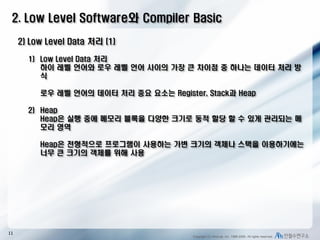 2. Low Level Software와 Compiler Basic
2) Low Level Data 처리 (1)
1) Low Level Data 처리
하이 레벨 언어와 로우 레벨 언어 사이의 가장 큰 차이점 중 하나는 데이터 처리 방
식
로우 레벨 언어의 데이터 처리 중요 요소는 Register, Stack과 Heap
2) Heap
Heap은 실행 중에 메모리 블록을 다양한 크기로 동적 할당 할 수 있게 관리되는 메
모리 영역
Heap은 전형적으로 프로그램이 사용하는 가변 크기의 객체나 스택을 이용하기에는
너무 큰 크기의 객체를 위해 사용

11

Copyright (C) AhnLab, Inc. 1988-2009. All rights reserved.

 