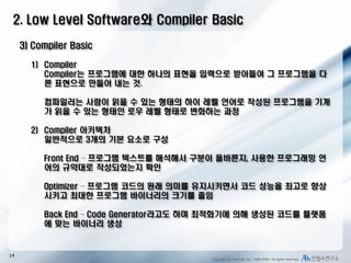 2. Low Level Software와 Compiler Basic
3) Compiler Basic
1) Compiler
Compiler는 프로그램에 대한 하나의 표현을 입력으로 받아들여 그 프로그램을 다
른 표현으로 만들어 내는 것.
컴파일러는 사람이 읽을 수 있는 형태의 하이 레벨 언어로 작성된 프로그램을 기계
가 읽을 수 있는 형태인 로우 레벨 형태로 변화하는 과정
2) Compiler 아키텍처
일반적으로 3개의 기본 요소로 구성
Front End – 프로그램 텍스트를 해석해서 구분이 올바른지, 사용한 프로그래밍 언
어의 규약대로 작성되었는지 확인
Optimizer – 프로그램 코드의 원래 의미를 유지시키면서 코드 성능을 최고로 향상
시키고 최대한 프로그램 바이너리의 크기를 줄임
Back End – Code Generator라고도 하며 최적화기에 의해 생성된 코드를 플랫폼
에 맞는 바이너리 생성

14

Copyright (C) AhnLab, Inc. 1988-2009. All rights reserved.

 