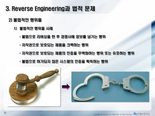 3. Reverse Engineering과 법적 문제
2) 불법적인 행위들
1) 불법적인 행위들 사례

* 불법으로 리버싱을 한 후 경쟁사에 정보를 넘기는 행위
* 저작권으로 보호되는 제품을 크랙하는 행위
* 저작권으로 보호되는 제품의 인증을 무력화하는 행위 또는 유포하는 행위

* 불법으로 허가되지 않은 시스템의 인증을 획득하는 행위

21

Copyright (C) AhnLab, Inc. 1988-2009. All rights reserved.

 