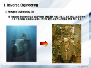 1. Reverse Engineering
1) Reverse Engineering (1)
1) Reverse Engineering은 인공적으로 만들어진 사물(자동차, 제트 엔진, 소프트웨어
프로그램 등)을 분해해서 설계나 구조와 같은 세밀한 사항들을 분석 하는 과정

4

Copyright (C) AhnLab, Inc. 1988-2009. All rights reserved.

 