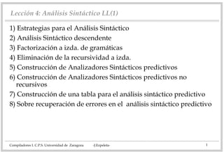 Lección 4: Análisis Sintáctico LL(1)
1) Estrategias para el Análisis Sintáctico
2) Análisis Sintáctico descendente
3) Factorización a izda. de gramáticas
4) Eliminación de la recursividad a izda.
5) Construcción de Analizadores Sintácticos predictivos
6) Construcción de Analizadores Sintácticos predictivos no
recursivos
7) Construcción de una tabla para el análisis sintáctico predictivo
8) Sobre recuperación de errores en el análisis sintáctico predictivo

Compiladores I. C.P.S. Universidad de Zaragoza

-J.Ezpeleta-

1

 