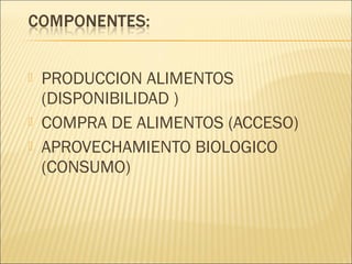




PRODUCCION ALIMENTOS
(DISPONIBILIDAD )
COMPRA DE ALIMENTOS (ACCESO)
APROVECHAMIENTO BIOLOGICO
(CONSUMO)

 