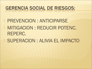 




PREVENCION : ANTICIPARSE
MITIGACION : REDUCIR POTENC.
REPERC.
SUPERACION : ALIVIA EL IMPACTO

 