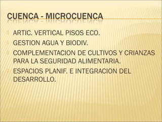 





ARTIC. VERTICAL PISOS ECO.
GESTION AGUA Y BIODIV.
COMPLEMENTACION DE CULTIVOS Y CRIANZAS
PARA LA SEGURIDAD ALIMENTARIA.
ESPACIOS PLANIF. E INTEGRACION DEL
DESARROLLO.

 