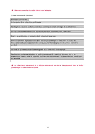  Présentation et rôle des collectivités et de la Région
[1 page maximum par partenaire]

Nom de la collectivité
Présentation de la collectivité, chiffre clés
Quelle place occupe le soutien aux startups numériques dans la stratégie de la collectivité?
Actions concrètes emblématiques existantes portés ou soutenues par la collectivité.
Décrire la contribution et le soutien de la collectivité au projet.
Préciser comment le projet s’inscrit dans la stratégie portée par la collectivité en faveur de
l’innovation et du développement économique du territoire (typiquement sur les 3 premières
années)
Qualifier et quantifier l’investissement global de la collectivité dans le projet
Expliquer en quoi sa participation au projet marque pour la collectivité un geste fort et un
engagement majeur, voire un tournant, en faveur des entrepreneurs et des entreprises numériques
du territoire.

 Les collectivités partenaires et la Région adresseront une lettre d’engagement dans le projet,
par exemple la fiche ci-dessus signée.

10

 