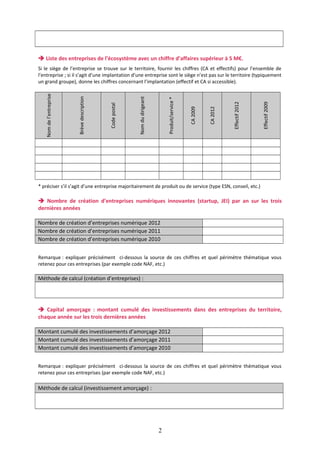  Liste des entreprises de l’écosystème avec un chiffre d’affaires supérieur à 5 M€.

Effectif 2009

Effectif 2012

CA 2012

CA 2009

Produit/service *

Nom du dirigeant

Code postal

Brève description

Nom de l’entreprise

Si le siège de l’entreprise se trouve sur le territoire, fournir les chiffres (CA et effectifs) pour l’ensemble de
l’entreprise ; si il s’agit d’une implantation d’une entreprise sont le siège n’est pas sur le territoire (typiquement
un grand groupe), donne les chiffres concernant l’implantation (effectif et CA si accessible).

* préciser s’il s’agit d’une entreprise majoritairement de produit ou de service (type ESN, conseil, etc.)

 Nombre de création d’entreprises numériques innovantes (startup, JEI) par an sur les trois
dernières années
Nombre de création d’entreprises numérique 2012
Nombre de création d’entreprises numérique 2011
Nombre de création d’entreprises numérique 2010
Remarque : expliquer précisément ci-dessous la source de ces chiffres et quel périmètre thématique vous
retenez pour ces entreprises (par exemple code NAF, etc.)

Méthode de calcul (création d’entreprises) :

 Capital amorçage : montant cumulé des investissements dans des entreprises du territoire,
chaque année sur les trois dernières années
Montant cumulé des investissements d’amorçage 2012
Montant cumulé des investissements d’amorçage 2011
Montant cumulé des investissements d’amorçage 2010
Remarque : expliquer précisément ci-dessous la source de ces chiffres et quel périmètre thématique vous
retenez pour ces entreprises (par exemple code NAF, etc.)

Méthode de calcul (investissement amorçage) :

2

 