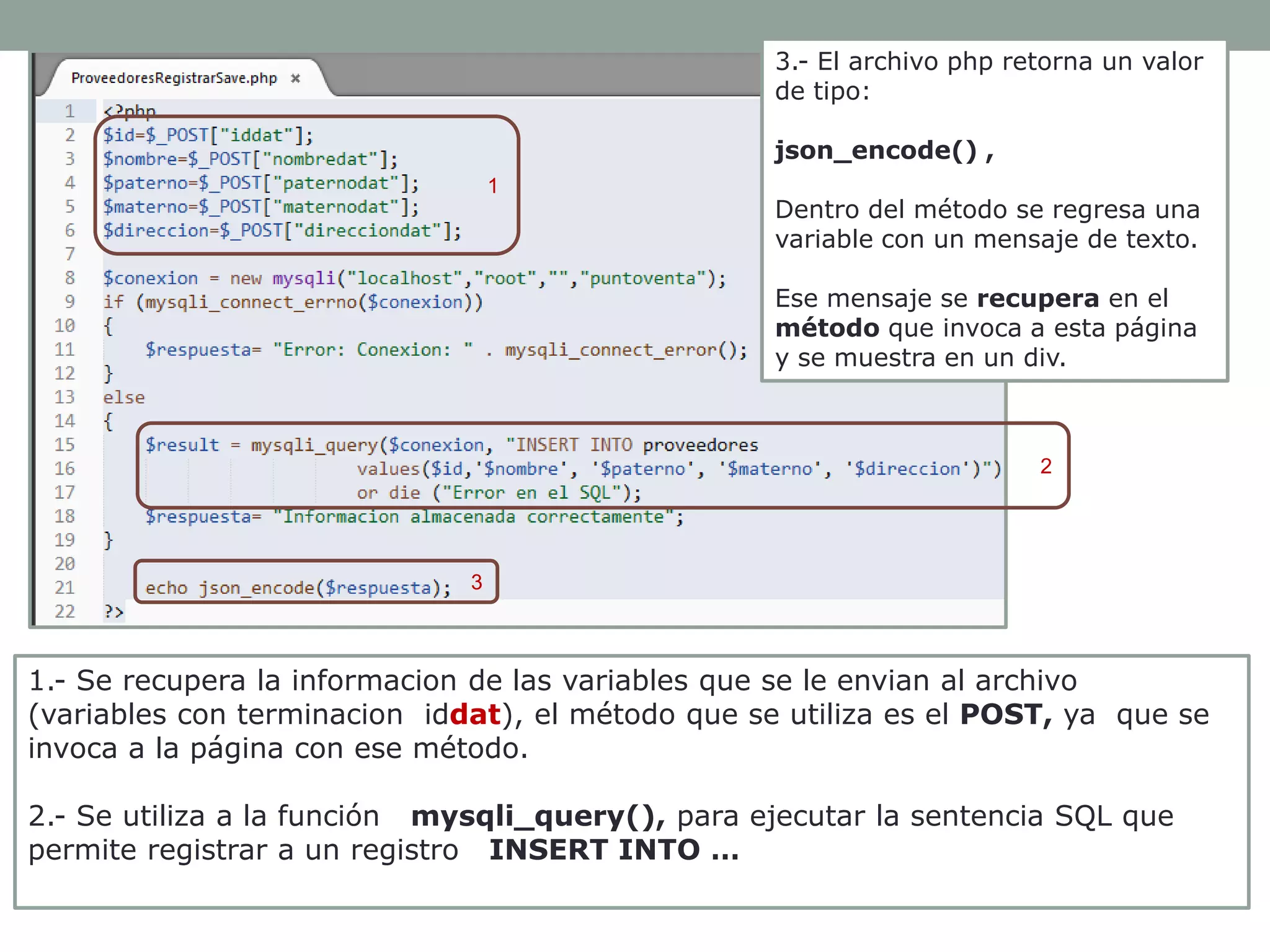 3.- El archivo php retorna un valor
de tipo:
json_encode() ,
1

Dentro del método se regresa una
variable con un mensaje de texto.
Ese mensaje se recupera en el
método que invoca a esta página
y se muestra en un div.

2

3

1.- Se recupera la informacion de las variables que se le envian al archivo
(variables con terminacion iddat), el método que se utiliza es el POST, ya que se
invoca a la página con ese método.
2.- Se utiliza a la función mysqli_query(), para ejecutar la sentencia SQL que
permite registrar a un registro INSERT INTO …

 