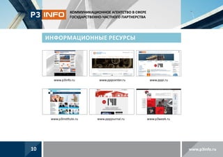 КОММУНИКАЦИОННОЕ АГЕНТСТВО В СФЕРЕ
ГОСУДАРСТВЕННО-ЧАСТНОГО ПАРТНЕРСТВА

Информационные ресурсы

www.p3info.ru

www.p3institute.ru

10

www.pppcenter.ru

www.pppjournal.ru

www.pppi.ru

www.p3week.ru

www.p3info.ru

 