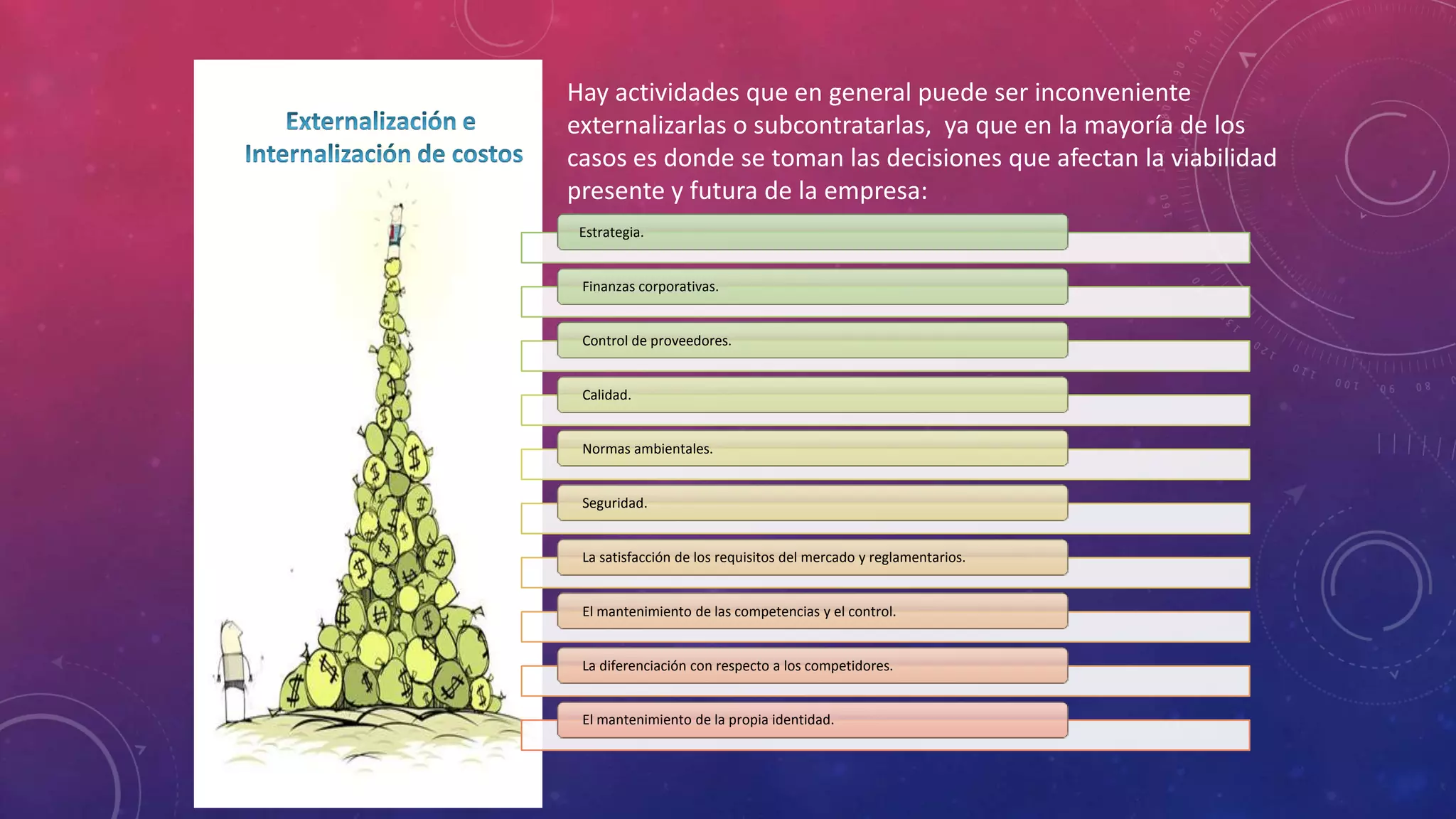 Hay actividades que en general puede ser inconveniente
externalizarlas o subcontratarlas, ya que en la mayoría de los
casos es donde se toman las decisiones que afectan la viabilidad
presente y futura de la empresa:
Estrategia.

Finanzas corporativas.

Control de proveedores.

Calidad.

Normas ambientales.

Seguridad.

La satisfacción de los requisitos del mercado y reglamentarios.

El mantenimiento de las competencias y el control.

La diferenciación con respecto a los competidores.

El mantenimiento de la propia identidad.

 