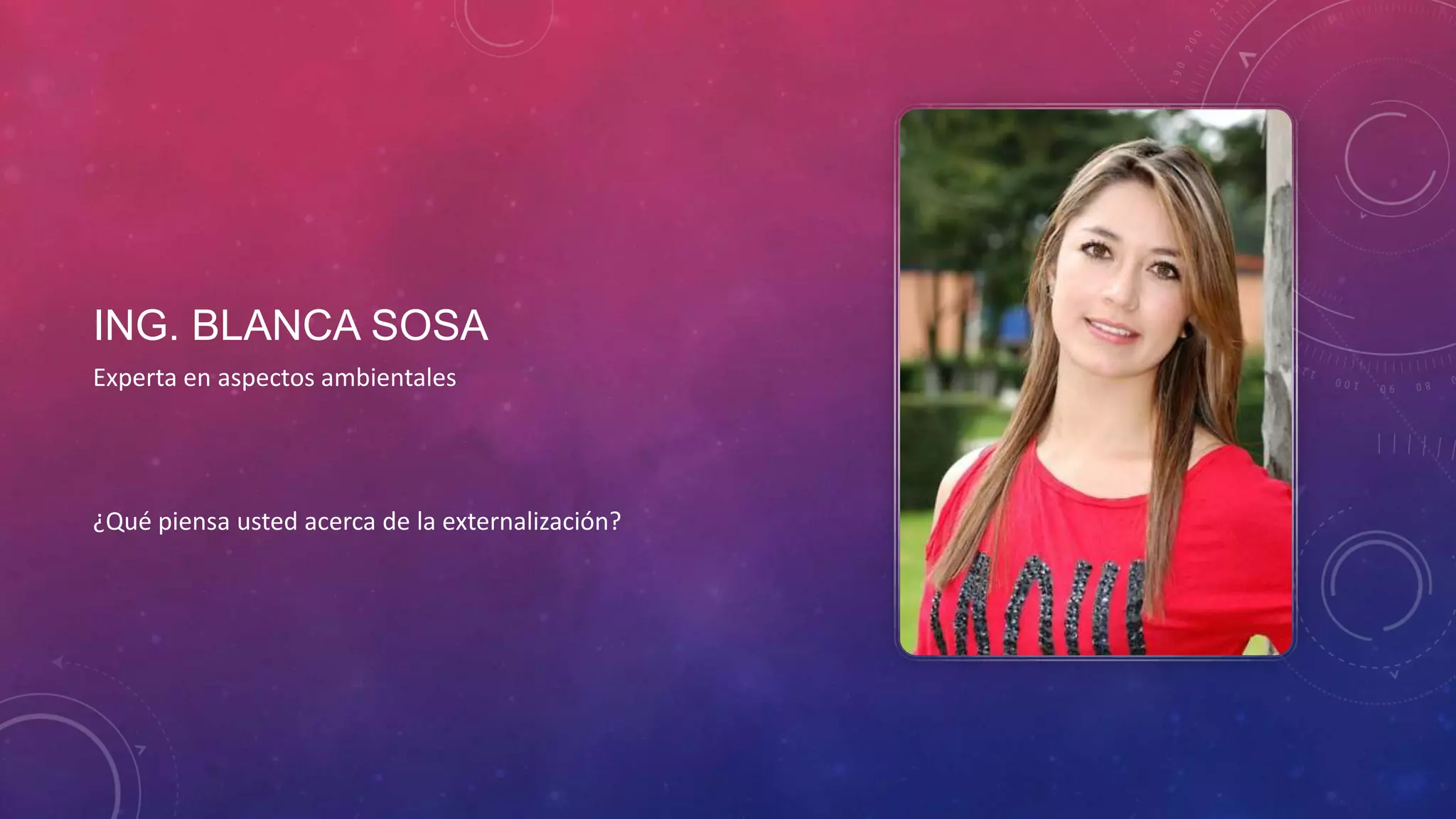 ING. BLANCA SOSA
Experta en aspectos ambientales

¿Qué piensa usted acerca de la externalización?

 