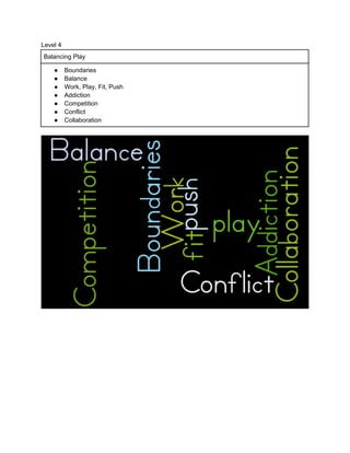 Level 4
Balancing Play
●
●
●
●
●
●
●

Boundaries
Balance
Work, Play, Fit, Push
Addiction
Competition
Conflict
Collaboration

 