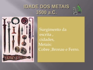 Surgimento da
escrita ,
cidades,
Metais:
Cobre ,Bronze e Ferro.

 