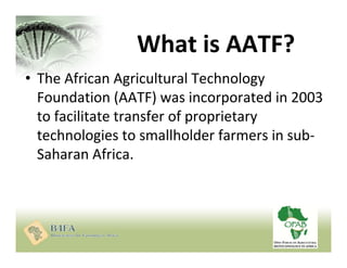 What is AATF?
• The African Agricultural Technology
Foundation (AATF) was incorporated in 2003
to facilitate transfer of p...