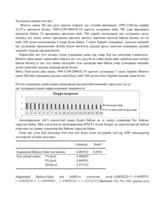 Хугацааны цуваан өгөгдөл:
Монгол савхи ХК анх үнэт цаасны хоѐрдох зах зээлийн арилжаанд 1999.12.09-ны өдрийн
12:27-д оролцсон болно. 1999.12.09-2009.02.19 хүртэлх хугацаанд нийт 786 удаа арилжаанд
оролцсон байна. Уг арилжаанд оролцсон нийт 786 өдрийг календарын цаг хугацааны дагуу
тооцвол нэг долоо хоногт арилжаанд оролцох давталт харилцан адилгүй байсан бөгөөд энэ нь
нийт 360 долоо хоног(ажлын 5 өдөр) болж байна. 7 хоног бүрийн хувьцааны хаалтын ханшийг
цаг хугацааны хронологийн энгийн болон жигнэсэн дундаж аргыг ашиглан хувьцааны дундаж
ханшийг тооцож гаргасан болно.
Хөрөнгийн зах зээл хөгжих тусам хувьцааны ханш сар, өдөр, бүр цаг минутаар хэмжигддэг.
Монгол орны маань хөрөнгийн хоѐрдох зах зээл үүссэнээс хойш ердөө арав гаруйхан жил өнгөрч
байгаа бөгөөд уг зах зээл маань хөгжлийн эхэн шатандаа явж байгаа учир хувьцааны ханшийг
долоо хоногийн дундаж ханшаар авсан болно.
Иймд Time-series data маань 1999.12.09-2009.02.19 хүртэлх хугацааны 7 хоног бүрийн Монгол
савхи ХК-ийн хувьцааны дундаж ханш буюу нийт 360 долоо хоног бүрийн дундаж ханш болно.
Нэгэнт хувьцааны үнийн цуваа санамсаргүй шилжилтийн шинжийг харуулдаг тул уг
цаг хугацааны цувааг коррелограммыг шинжилсэн.

Автокорреляци (АC) хангалттай удаан буурч байгаа нь уг цувуу стационар бус байгааг
харуулж байна. Мөн хэсэгчилсэн автокорреляци (PACF) огцом буурах нь ажиглагдахгүй байгаа
учир мөн тус цувааг стационар бус байгааг харуулж байна.
Одоо авч үзэж буй өгөгдлөө Unit root test буюу нэгж язгуурийн тестээр ADF шинжүүрээр
тогтвортой эсэхийг шалгавал.
t-Statistic
Augmented Dickey-Fuller test statistic
Test critical values: 1% level
5% level
10%level

Augmented

Dickey-Fuller

test
,

Prob.*

-2.003522
-3.448835
-2.869581
-2.571122

0.2854

(ADF)-н

статистик
утга
,
Mackinon 1%, 5%, 10% критик утга

 