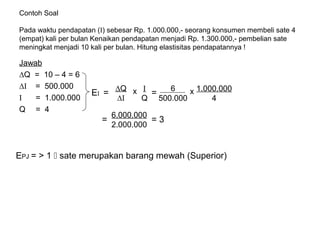Contoh Soal
Pada waktu pendapatan (I) sebesar Rp. 1.000.000,- seorang konsumen membeli sate 4
(empat) kali per bulan Kenaikan pendapatan menjadi Rp. 1.300.000,- pembelian sate
meningkat menjadi 10 kali per bulan. Hitung elastisitas pendapatannya !

Jawab
∆Q = 10 – 4 = 6
∆I = 500.000
I
= 1.000.000
Q = 4

EI =
=

∆Q x I
6
x 1.000.000
=
∆I
Q 500.000
4
6.000.000
=3
2.000.000

EPJ = > 1  sate merupakan barang mewah (Superior)

 