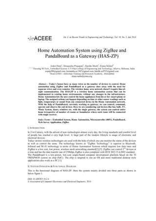 Int. J. on Recent Trends in Engineering and Technology, Vol. 10, No. 2, Jan 2014

Home Automation System using ZigBee and
PandaBoard as a Gateway (HAS-ZP)
Ankit Patel1, Himanshu Prajapati 2, Hardik Sheth3, Ekata Mehul4
1, 2, 3

Pursuing M.Tech., Embedded System, U.V.Patel college of Engineering and Technology, Kherva, Mehsana, India
avpatel90@gmail.com, himanshu.ec1987@gmail.com, hardik.ec0752@gmail.com
4
Head eiTRA - eInfochips Training and Research Academy, Ahmedabad
ekata.mehul@eitra.org

Abstract— Today’s homes have as many wires as the number of devices to control. Home
automation using ZigBee and PandaBoard as a gateway does away with the need for
separate wires and even remotes. The wireless home area network doesn’t require line-ofsight communication. The HAS-ZP is a wireless home automation system that can be
implemented in existing home environments, without any changes in the infrastructure.
Home Automation lets the user control the home appliances from his or her smart-phone or
laptop. The assigned actions can happen depending on time or other sensor readings such as
light, temperature or sound from any connected device in the Home Automation network.
With the help of PandaBoard, currently working as gateway, we can control, command,
operate and observe the end devices. Here we are considering end devices like fan, bulb, TV,
Music System, doors, windows etc. with the single gateway, the system can control entire
home irrespective of number of rooms or boundaries where each room will be connected
with single receiver.
Index Terms— Embedded System, Home Automation, Microcontroller (8051), PandaBoard,
Web Server Application, ZigBee

I. INTRODUCTION
In 21st Century, with the advent of new technologies almost every day, the living standards and comfort level
of people has reached a very high level. A large part of the modern lifestyle is usage of electronic and
electrical devices.
Today various wireless technologies are used with the help of which one can monitor the status of the devices
as well as control the same. The technology known as “ZigBee Technology” is superior to Bluetooth,
Infrared and Wi-Fi technology in terms of Home Automation Systems which requires low data rates and
ZigBee is a low cost, low power, wireless mesh networking standard[2],[3]. ZigBee can control 216 devices at
a time and has the data transfer rate of 250kbps.ZigBee is also complaint with IEEE 802.15.4-2003 standard.
The PandaBoard is a low-power, low-cost single-board computer development platform based on the TI
OMAP4430 system on chip (SoC). The chip is targeted to run an OS and more traditional desktop style
applications also work as a PC.[1]
II. S YSTEM OVERVIEW & FUNCTIONAL DIAGRAM:
This is the functional diagram of HAS-ZP. Here the system mainly divided into three parts as shown in
below figure 1:
DOI: 01.IJRTET.10.2.4
© Association of Computer Electronics and Electrical Engineers, 2014

 