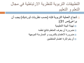 ‫التطبيقات التربوية للنظرية االرتباطية في مجال‬
‫التعلم و التعليم‬
‫‪‬‬

‫لنجاح العملية التربوية فإنه (حسب نظريات ثورنديك) يجب أن‬
‫يراعى(ص 13):‬
‫‪ ‬تهيئة البيئة التعليمية‬
‫‪ ‬ضرورة أن يعرف المتعلم نتائج تعلمه‬
‫‪ ‬ضرورة االهتمام بالتدريب و الممارسة الموجهة‬
‫‪ ‬أن يتم إثارة اهتمام المتعلمين‬

 