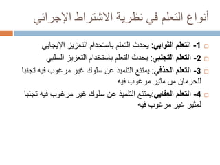 ‫أنواع التعلم في نظرية االشتراط اإلجرائي‬
‫‪‬‬
‫‪‬‬
‫‪‬‬

‫‪‬‬

‫1- التعلم الثوابي: يحدث التعلم باستخدام التعزيز اإليجابي‬
‫2- التعلم التجنبي: يحدث التعلم باستخدام التعزيز السلبي‬
‫3- التعلم الحذفي: يمتنع التلميذ عن سلوك غير مرغوب فيه تجنبا‬
‫للحرمان من مثير مرغوب فيه‬
‫4- التعلم العقابي:يمتنع التلميذ عن سلوك غير مرغوب فيه تجنبا‬
‫لمثير غير مرغوب فيه‬

 