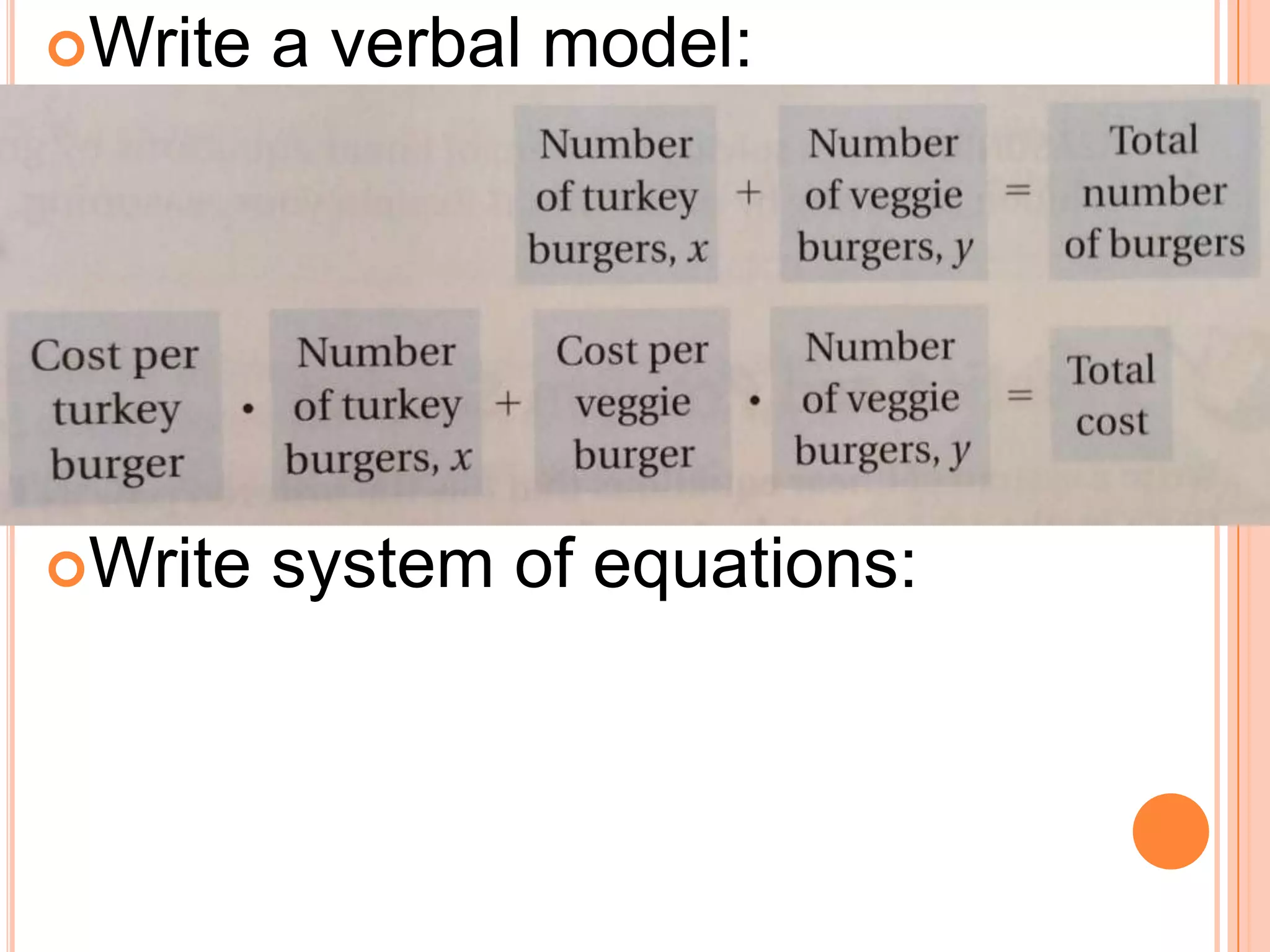 Write
a verbal model:
Write
system of equations: