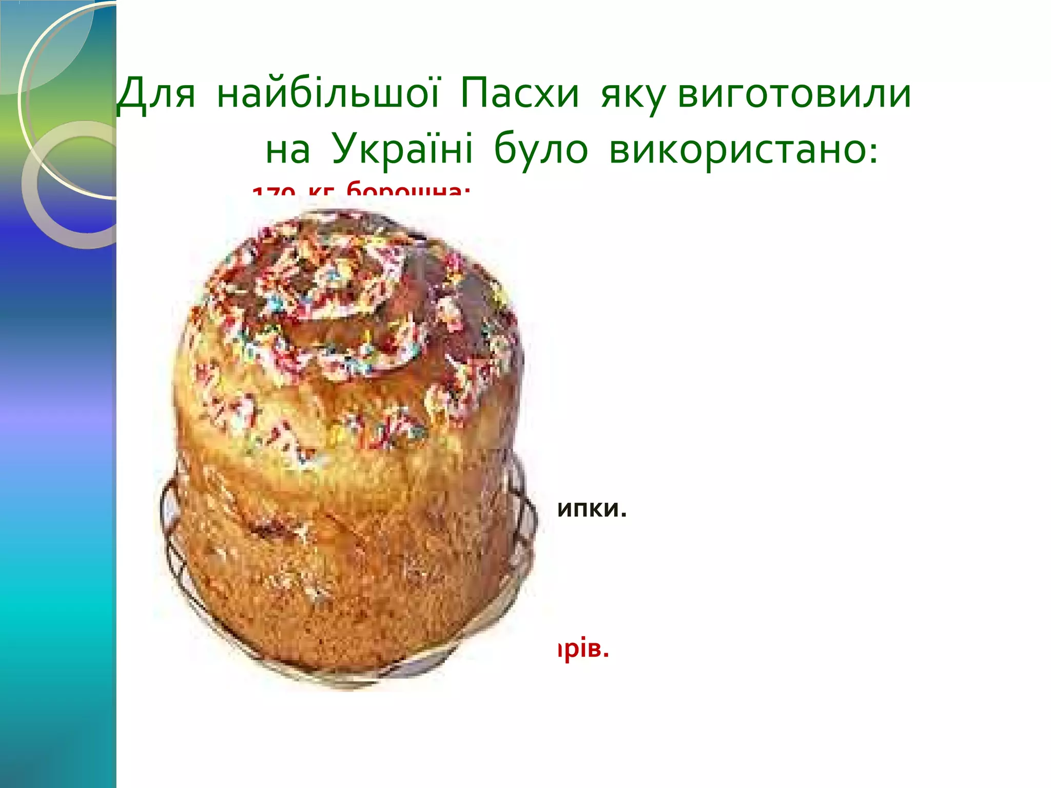 Для найбільшої Пасхи яку виготовили
на Україні було використано:
170 кг борошна;
75 кг цукру;
25 кг родзинок;
20 кг маргарину;
9 кг дріжджів;
2 кг солі;
60 л молока;
750 яєць;
½ кг ваніліну;
2 кг декоративної посипки.
Вага – 450 кг.
Висота – 190 см.
Діаметр – 2 м.
Пасху готувало 7 пекарів.

 