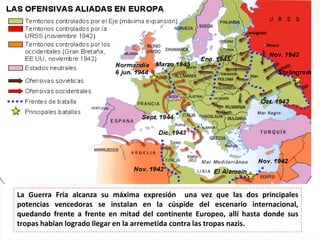 La Guerra Fría alcanza su máxima expresión una vez que las dos principales
potencias vencedoras se instalan en la cúspide del escenario internacional,
quedando frente a frente en mitad del continente Europeo, allí hasta donde sus
tropas habían logrado llegar en la arremetida contra las tropas nazis.

 