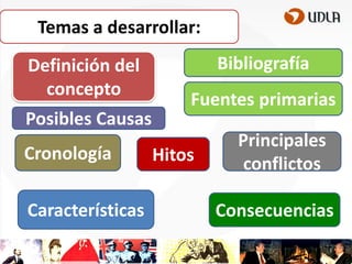 Temas a desarrollar:
Definición del
concepto
Posibles Causas

Cronología
Características

Bibliografía
Fuentes primarias

Hitos

Principales
conflictos
Consecuencias

 