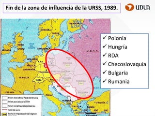 Fin de la zona de influencia de la URSS, 1989.

 Polonia
 Hungría
 RDA
 Checoslovaquia
 Bulgaria
 Rumania

 