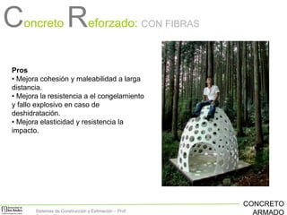 Concreto Reforzado:

CON FIBRAS

Pros
• Mejora cohesión y maleabilidad a larga
distancia.
• Mejora la resistencia a el congelamiento
y fallo explosivo en caso de
deshidratación.
• Mejora elasticidad y resistencia la
impacto.

Sistemas de Construcción y Estimación – Prof:

CONCRETO
ARMADO

 