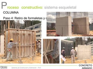 Proceso constructivo: sistema esqueletal
COLUMNA
Paso 4: Retiro de formaletas y curado

Sistemas de Construcción y Estimación – Prof:

CONCRETO
ARMADO

 