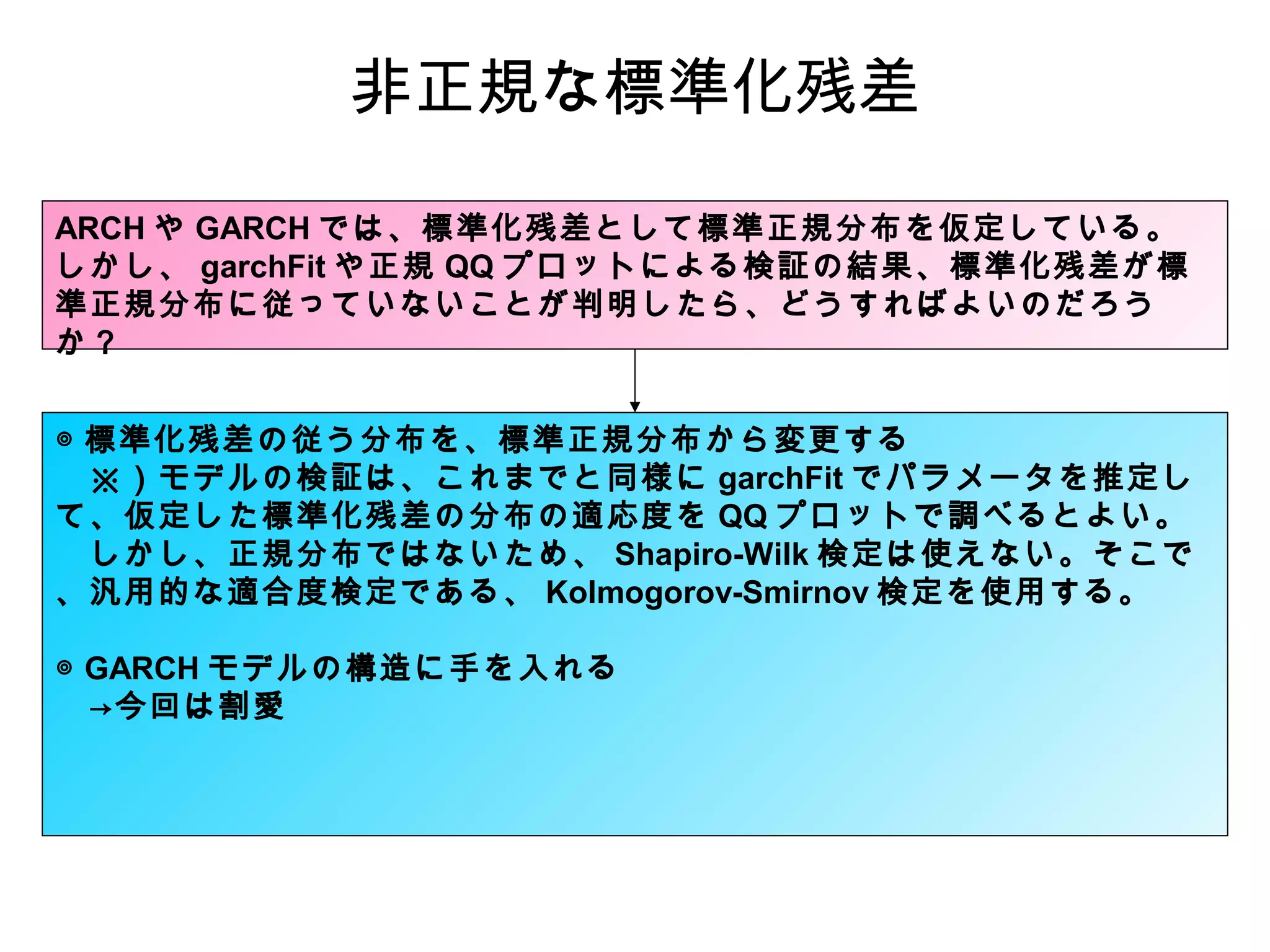非正規な標準化残差
ARCH や GARCH では、標準化残差として標準正規分布を仮定している。
しかし、 garchFit や正規 QQ プロットによる検証の結果、標準化残差が標
準正規分布に従っていないことが判明したら、どうすればよいのだろう
か？
◎ 標準化残差の従う分布を、標準正規分布から変更する
　※）モデルの検証は、これまでと同様に garchFit でパラメータを推定し
て、仮定した標準化残差の分布の適応度を QQ プロットで調べるとよい。
　しかし、正規分布ではないため、 Shapiro-Wilk 検定は使えない。そこで
、汎用的な適合度検定である、 Kolmogorov-Smirnov 検定を使用する。
◎ GARCH モデルの構造に手を入れる
　→今回は割愛

 
