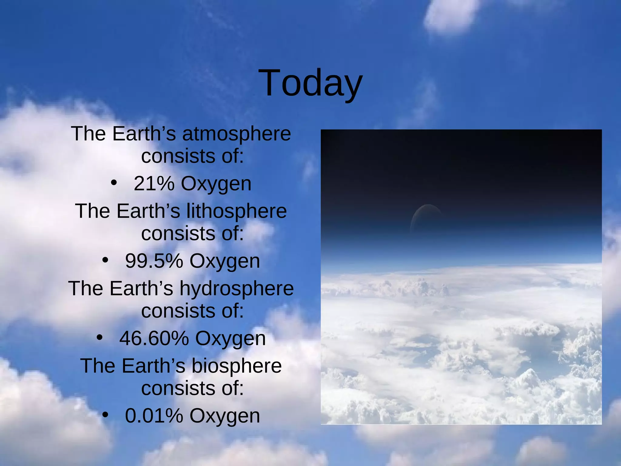 Today
The Earth’s atmosphere
consists of:
• 21% Oxygen
The Earth’s lithosphere
consists of:
• 99.5% Oxygen
The Earth’s hydrosphere
consists of:
• 46.60% Oxygen
The Earth’s biosphere
consists of:
• 0.01% Oxygen

 