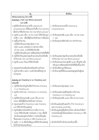 ครู
While-listening (35 นาที)
Activity1: (Tell me! Which picture?)
(15 นาที)
1.ครูให้นักเรียนทบทวนกลวิธี Listening for
comprehension ที่ได้แนะนาในขั้น Pre-Listening
เพื่อนามาใช้ในกิจกรรม Tell me! Which picture?
2. ครูเปิด audio เรือง At the hotel ให้นักเรียนทุก
่
คนฟัง 1 รอบ เพื่อให้ผู้เรียนเกิดทักษะการเชื่อมโยง
3. ครูชี้แจงกิจกรรม
- ครูให้นักเรียนแบ่งกลุ่มกลุ่มละ 5 คน
- ครูนา audio บทสนทนาบางส่วนจากเรื่อง
At the hotel มาเปิดให้นักเรียนฟัง
- ครูให้นักเรียนเลือกรูปภาพทีสอดคล้องกับสิ่งที่ได้ฟัง
่
4. ครูให้นักเรียนแต่ละกลุมเข้าแถวตอนเรียงหนึงเพื่อ
่
่
ทากิจกรรม Tell me! Which picture?
5. ครูเปิด audio ข้อแรกให้นกเรียนฟัง
ั
6. ครูเฉลยคาตอบที่ถูกต้องพร้อมอธิบายคาตอบ
7. ครูทาตามข้อ 4 และ 5 จนนักเรียนได้จบคู่ภาพ
ั
ครบทุกคน
Activity 2:( Checking in or Checking out)
(20นาที)
1. ครูให้นักเรียนจับคู่กันเพือทากิจกรรม Checking
่
in or Checking out
2. ครูอธิบายกิจกรรม Checking in or Checking
out
3. ครูให้นักเรียนทุกคนฟัง audio เรื่อง At the
Hotel เพื่อให้ผเู้ รียนเกิดทักษะการจาแนก
4. ครูแจกแผ่นป้าย Checking in และ Checking
out ให้กับนักเรียนแต่ละคู่
5. ครูเปิดเสียงประโยคที่นามาจากเรื่อง At the
hotel ให้นักเรียนฟัง ประโยคละ 2 รอบ เพื่อให้
นักเรียนแต่ละคู่ช่วยกันคิดว่า ประโยคนั้นอยู่ใน
ขั้นตอนของ Checking in หรือ Checking out
6. ครูนับ 1 2 3! เพื่อเป็นสัญญาณให้นักเรียนแต่ละคู่
โชว์ป้ายคาตอบของตัวเอง

นักเรียน

1. นักเรียนทบทวนกลวิธี Listening to
Comprehension
2. นักเรียนทุกคนฟัง audio เรือง At the hotel
่
1 รอบ
3. นักเรียนทุกคนฟังคาอธิบายการทากิจกรรม

4. นักเรียนแต่ละกลุมเข้าแถวตอนเรียงหนึงเพื่อ
่
่
ทากิจกรรม Tell me! Which picture?
5. นักเรียนคนแรกของกลุ่มฟัง audio ที่ครูเปิด แล้ว
หยิบรูปภาพที่สอดคล้องกับสิ่งที่ได้ยินขึ้นมาโชว์
6. นักเรียนที่ตอบถูกได้คะแนน
7. นักเรียนกลุ่มที่ได้คะแนนสะสมสูงสุดเป็นผู้ชนะ

1. นักเรียนแบ่งกลุ่มกลุ่มละ 3 คน
2. นักเรียนแต่ละกลุมฟังครูอธิบายกิจกรรม
่
Checking in or Checking out
3. นักเรียนทุกคนฟัง audio เรือง At the hotel
่
4.นักเรียนแต่ละคู่รบแผ่นป้าย ป้าย Checking in
ั
และ Checking outจากครู
5.นักเรียนแต่ละคู่ฟังเสียงประโยค แล้วช่วยกันคิดว่า
ประโยคนั้นอยู่ในขั้นตอนใดของ Checking in หรือ
Checking out
6.นักเรียนโชว์ป้ายคาตอบของตัวเองขึ้น

 