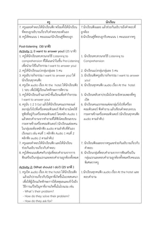 ครู
นักเรียน
7. ครูเฉลยคาตอบให้นักเรียนฟัง พร้อมทั้งให้นักเรียน 7.นักเรียนฟังเฉลย แล้วช่วยกันอธิบายถึงคาตอบที่
ที่ตอบถูกอธิบายเกี่ยวกับคาตอบของตัวเอง
ถูกต้อง
8. ครูให้คะแนน 1 คะแนนแก่นักเรียนคู่ที่ตอบถูก
8.นักเรียนคูที่ตอบถูกรับคะแนน 1 คะแนนจากครู
่
Post-listening (50 นาที)
Activity 1: (I want to answer you!) (25 นาที)
1. ครูให้นักเรียนทบทวนกลวิธี Listening to
comprehension ที่ได้แนะนาในขั้น Pre-Listening
เพื่อนามาใช้ในกิจกรรม I want to answer you!
2. ครูให้นักเรียนแบ่งกลุมกลุ่มละ 5 คน
่
3. ครูอธิบายกิจกรรม I want to answer you! ให้
นักเรียนทุกคนฟัง
4. ครูเปิด audio เรือง At the hotel ให้นักเรียนฟัง
่
1 รอบ เพื่อให้ผู้เรียนเกิดทักษะการตีความ
5. ครูให้นักเรียนเข้าแถวหน้าชั้นเรียนเพื่อทากิจกรรม
I want to answer you!
6. ครูนับ 1 2 3 Go! แล้วให้นักเรียนคนแรกของแต่
ละกลุ่มวิ่งไปทีเ่ ครื่องคอมพิวเตอร์ ฟังคาถามโดยใช้
หูฟังที่อยู่กับเครื่องคอมพิวเตอร์ โดยคลิก Audio 1
แล้วตอบคาถามจากคาถามที่ได้ฟังโดยเขียนลงบน
กระดาษข้างเครื่องคอมพิวเตอร์ (นักเรียนแต่ละคน
ในกลุ่มจะต้องคลิกฟัง audio ตามลาดับที่ตัวเอง
เรียงแถว เช่น คนที่ 1 คลิกฟัง Audio 1 คนที่ 2
คลิกฟัง audio 2 ตามลาดับ)
7. ครูเฉลยคาตอบให้นักเรียนฟัง และให้นกเรียน
ั
ช่วยกันอธิบายเกี่ยวกับคาตอบ
8. ครูให้คะแนนพิเศษกับกลุมที่ตอบคาถามจากการ
่
ฟังเสร็จเป็นกลุมแรกและตอบคาถามถูกต้องทังหมด
่
้

1. นักเรียนทบทวนกลวิธี Listening to
Comprehension
2. นักเรียนแบ่งกลุ่มกลุ่มละ 5 คน
3. นักเรียนฟังครูอธิบายกิจกรรม I want to answer
you!
4. นักเรียนทุกคนฟัง audio เรือง At the hotel
่
5. นักเรียนหลับตาปรบมือไปตามจังหวะเพลงที่ครู
เปิด
6. นักเรียนคนแรกของแต่ละกลุมวิ่งไปทีเ่ ครื่อง
่
คอมพิวเตอร์ ฟังคาถาม แล้วเขียนคาตอบลงบน
กระดาษข้างเครื่องคอมพิวเตอร์ (นักเรียนทุกคนฟัง
audio ตามลาดับ)

7. นักเรียนฟังเฉลยจากครูและช่วยกันอธิบายเกี่ยวกับ
คาตอบ
8. นักเรียนกลุ่มที่ตอบคาถามจากการฟังเสร็จเป็น
กลุ่มแรกและตอบคาถามถูกต้องทังหมดรับคะแนน
้
พิเศษจากครู

Activity 2: (What should I do?) (25 นาที )
1. ครูเปิด audio เรือง At the hotel ให้นักเรียนฟัง 1.นักเรียนทุกคนฟัง audio เรื่อง At the hotel และ
่
แล้วอภิปรายเกี่ยวกับปัญหาทีเ่ กิดขึ้นในบทสนทนา ตอบคาถาม
เพื่อให้ผเู้ รียนเกิดทักษะการให้เหตุผลและเข้าใจถึง
วิธีการแก้ไขปัญหาที่อาจเกิดขึ้นในโรงแรม เช่น
- What’s their problem?
- How do they solve their problem?
- How do they ask for?

 