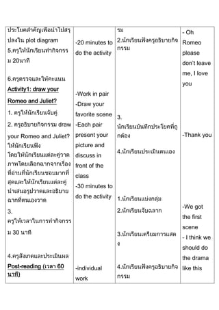 - Oh
plot diagram

-20 minutes to 2.
do the activity

5.

Romeo
please

20

don’t leave
me, I love

6.
Activity1: draw your
Romeo and Juliet?
1.

you
-Work in pair
-Draw your

favorite scene 3.
draw -Each pair

2.

your Romeo and Juliet? present your
picture and
discuss in

-Thank you
4.

front of the
class
-30 minutes to
do the activity 1.
2.

3.
30

3.

-We got
the first
scene
- I think we
should do

4.
Post-reading

the drama
60

-individual
work

4.

like this

 