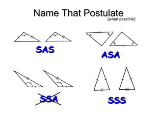 Name That Postulate
(when possible)
SAS

SSA

ASA

SSS

 