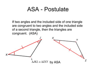 ASA - Postulate
If two angles and the included side of one triangle
are congruent to two angles and the included side
of a second triangle, then the triangles are
congruent. (ASA)
J

X

Y

K
L
∆JKL ≅ ∆ZXY by ASA

Z

 