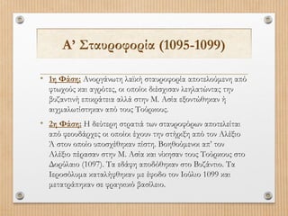 Α’ Σταυροφορία (1095-1099)
• 1η Φάση: Ανοργάνωτη λαϊκή σταυροφορία αποτελούμενη από
φτωχούς και αγρότες, οι οποίοι διέσχισαν λεηλατώντας την
βυζαντινή επικράτεια αλλά στην Μ. Ασία εξοντώθηκαν ή
αιχμαλωτίστηκαν από τους Τούρκους.

• 2η Φάση: Η δεύτερη στρατιά των σταυροφόρων αποτελείται
από φεουδάρχες οι οποίοι έχουν την στήριξη από τον Αλέξιο
Ά στον οποίο υποσχέθηκαν πίστη. Βοηθούμενοι απ’ τον
Αλέξιο πέρασαν στην Μ. Ασία και νίκησαν τους Τούρκους στο
Δορύλαιο (1097). Τα εδάφη αποδόθηκαν στο Βυζάντιο. Τα
Ιεροσόλυμα καταλήφθηκαν με έφοδο τον Ιούλιο 1099 και
μετατράπηκαν σε φραγκικό βασίλειο.

 
