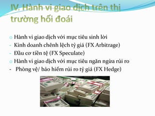 o Hành vi giao dịch với mục tiêu sinh lời
- Kinh doanh chênh lệch tỷ giá (FX Arbitrage)
- Đầu cơ tiền tệ (FX Speculate)
o Hành vi giao dịch với mục tiêu ngăn ngừa rủi ro
- Phòng vệ/ bảo hiểm rủi ro tỷ giá (FX Hedge)
 